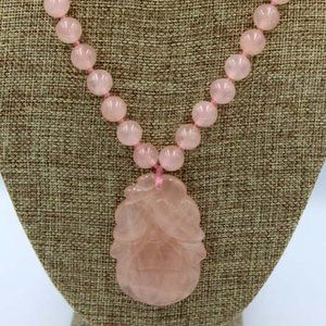 Chinese Jade Bead Necklace With Jade Lotus Flower Pendant